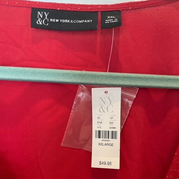 NY&C Red With Gold Polka Dot Wrap Blouse XXL  Long Sleeve Holiday Ready NWT - Picture 7 of 9